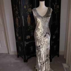 Clothes Encounters - Front of black and cream velvet gown, size 8