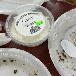 Jerusalem Pita and More - Garlic paste is SOOOOO GOOOOOOOOD! It has egg whites, no dairy. It's fluffy and so good.