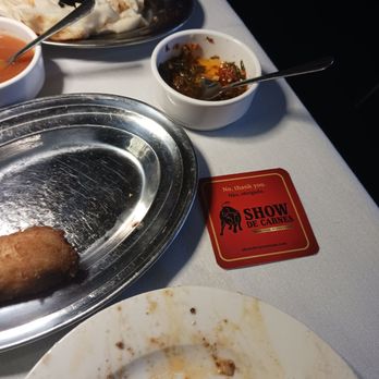 Show de Carnes - 1)this is the sauce not to skip in the top right corner 2) this card is how you say if you would like to be offered more food or not. - Steakhouses Near Me - Sausalito, California