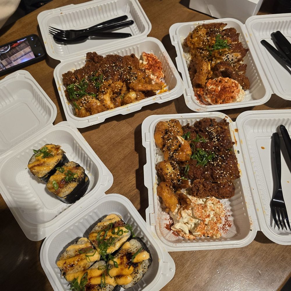 Shootz - Mixed Plates with Kimchi Butter Shrimp and Kimchi Butter Katsu Chicken and Spam Brulee Musubis - Hawaiian Near Me - Stanton, California Shootz - Mixed Plates with Kimchi Butter Shrimp and Kimchi Butter Katsu Chicken and Spam Brulee Musubis - Hawaiian Near Me - Stanton, California