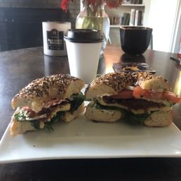 Everything bagel with spinach, red onion, tomato, cream cheese - and I added egg and sun dried tomatoes. And a small soy lavender latte. Everything bagel with spinach, red onion, tomato, cream cheese - and I added egg and sun dried tomatoes. And a small soy lavender latte.