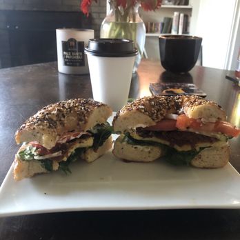 Cafe Eleven - Everything bagel with spinach, red onion, tomato, cream cheese - and I added egg and sun dried tomatoes. And a small soy lavender latte. - Coffee & Tea Near Me - Portland, Oregon Cafe Eleven - Everything bagel with spinach, red onion, tomato, cream cheese - and I added egg and sun dried tomatoes. And a small soy lavender latte. - Coffee & Tea Near Me - Portland, Oregon