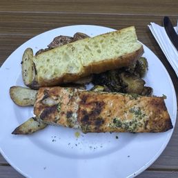 Salmon, Roasted Potatoes, Balsamic Brussels Sprouts