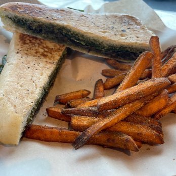 Green Seed Vegan - sweet porta panini  portabella mushrooms, sweet potatoes, spinach/sunflower pesto. sweet potato fries. both were so delicious!!$12 - Vegan Near Me - Houston, Texas