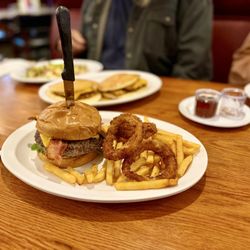 Mile High Cafe - Bacon cheeseburger, fries, and onion rings half-and-half