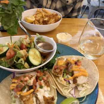 NDMK Fish House - Mahi mahi fish tacos with a side salad and fish (halibut) and chips. To die for! - Sushi Bars Near Me - Avalon, California
