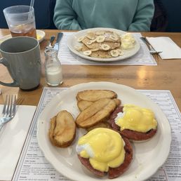 Eggs Benedict with pork roll and pecan pancakes Eggs Benedict with pork roll and pecan pancakes