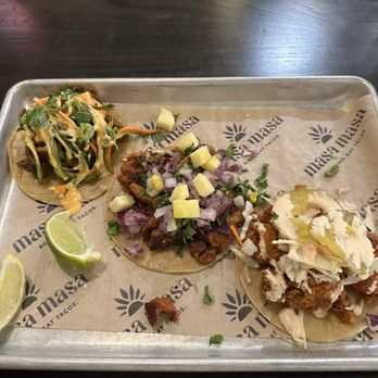 Masa Masa - Left to Right: Korean, Al Pastor, Hot Chicken - Tacos Near Me - Roseville, California Masa Masa - Left to Right: Korean, Al Pastor, Hot Chicken - Tacos Near Me - Roseville, California