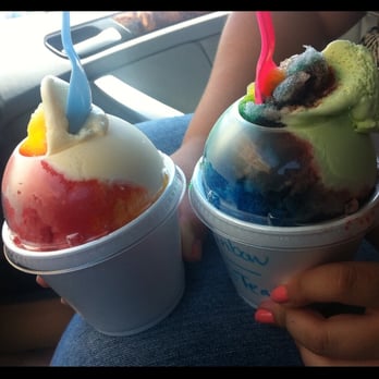 Below Zero Shaved Ice - The strawnanana(left) is the #4 from the preselected menu. The other is a rainbow w/ green tea ice cream. Yummy!!!!!! - Ice Cream & Frozen Yogurt Near Me - Upland, California