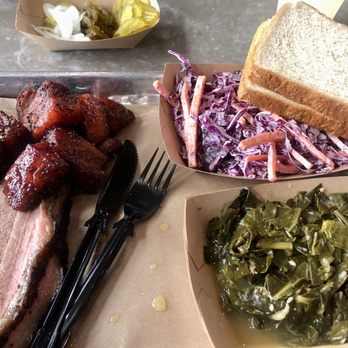 Heim Barbecue - Burnt ends and lean brisket with greens and slaw (healthy choice) - Barbeque Near Me - Fort Worth, Texas