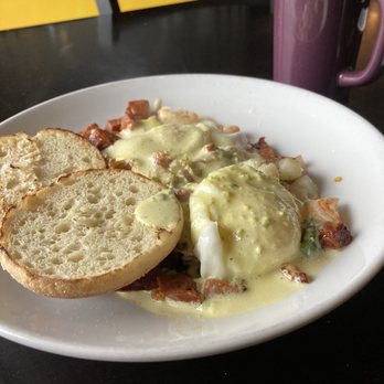 Uptown Kitchen - Shrimp and Andouille Sausage Hash with Jalapeño hollandaise - New American Near Me - Granger, Indiana