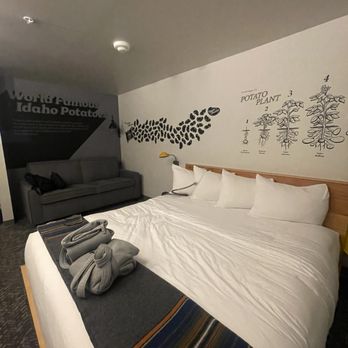 The Sparrow - Nice big bed with robes and some in back of picture. Cute Idaho themed decor. - Hotels Near Me - Boise, Idaho The Sparrow - Nice big bed with robes and some in back of picture. Cute Idaho themed decor. - Hotels Near Me - Boise, Idaho