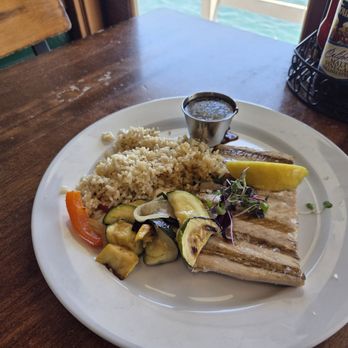 Riva Fish House - Grilled Mahi Mahi with herbed rice, mixed vegetables and Firecracker sauce (Chimichurri and Teriyaki sauce?) - Seafood Near Me - Santa Cruz, California Riva Fish House - Grilled Mahi Mahi with herbed rice, mixed vegetables and Firecracker sauce (Chimichurri and Teriyaki sauce?) - Seafood Near Me - Santa Cruz, California