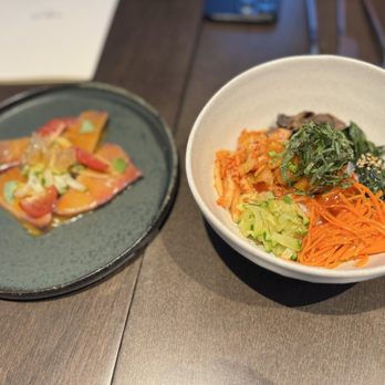 28 Nomad - Left: Yellowtail Ceviche; Right: Sea Pineapple Bebimbap - Asian Fusion Near Me - New York, New York 28 Nomad - Left: Yellowtail Ceviche; Right: Sea Pineapple Bebimbap - Asian Fusion Near Me - New York, New York