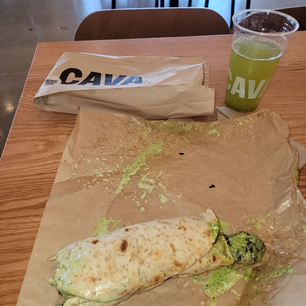 CAVA - My spicy meatball Naan!! It's so flavorful and large!! I forgot the name of the drink,  but it was really good, too!! - Mediterranean Near Me - Arlington, Texas