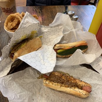 Devil Dawgs - South State - Chicago Dog, Coney Dog, and Chicago Polish with some onion rings. - Hot Dogs Near Me - Chicago, Illinois Devil Dawgs - South State - Chicago Dog, Coney Dog, and Chicago Polish with some onion rings. - Hot Dogs Near Me - Chicago, Illinois