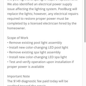 Poolburg - Proof of quote $1980 per light bulb replacement. Electrical work outside of scope - Pool & Hot Tub Service Near Me - Frisco, Texas Poolburg - Proof of quote $1980 per light bulb replacement. Electrical work outside of scope - Pool & Hot Tub Service Near Me - Frisco, Texas