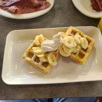 Think Cafe - Bannana waffles, turkey bacon, and orange juice. - New American Near Me - San Pedro, California Think Cafe - Bannana waffles, turkey bacon, and orange juice. - New American Near Me - San Pedro, California