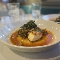 Halibut special with best Au gratin potatoes with crisp shaved okra.
