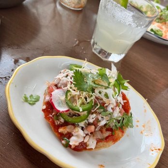 Superica - Agua Chile tostada with ceviche shrimp and red snapper - Tex-Mex Near Me - Atlanta, Georgia Superica - Agua Chile tostada with ceviche shrimp and red snapper - Tex-Mex Near Me - Atlanta, Georgia