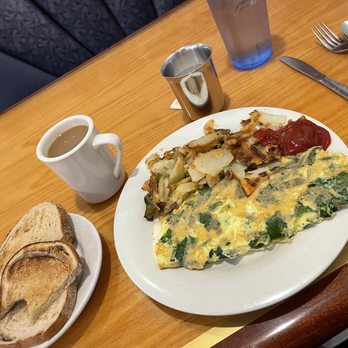 Alexis Diner - 3-egg omelet with mozzarella and spinach, home fries, rye toast -no seeds :) and coffee - Diners Near Me - Newburgh, New York Alexis Diner - 3-egg omelet with mozzarella and spinach, home fries, rye toast -no seeds :) and coffee - Diners Near Me - Newburgh, New York