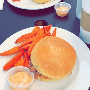Squealing Pig - Pulled pork burgers with sweet potato fries - American Near Me - Provincetown, Massachusetts Squealing Pig - Pulled pork burgers with sweet potato fries - American Near Me - Provincetown, Massachusetts