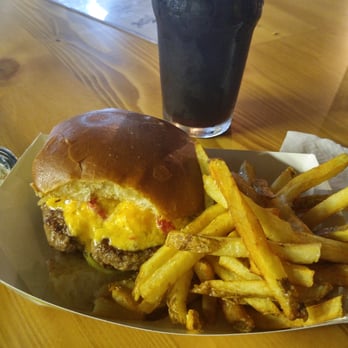 The Steer and Wheel - Pimento burger with a side of fries and Grist House porter. Awesome. - Food Trucks Near Me