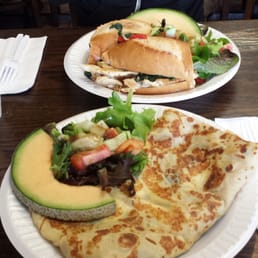 Grilled chicken, mozzarella, spinach, onions, and roasted peppers in a crepe (bottom) and in a sandwich (top) Grilled chicken, mozzarella, spinach, onions, and roasted peppers in a crepe (bottom) and in a sandwich (top)