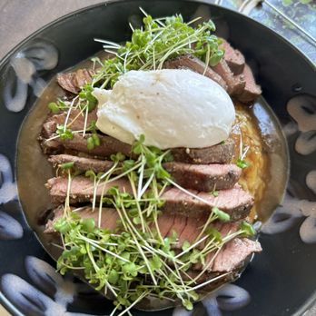 Martini Brunch - Bowl of the day: rice, gravy, steak, poached egg and micro greens - Cocktail Bars Near Me - Mount Vernon, Washington Martini Brunch - Bowl of the day: rice, gravy, steak, poached egg and micro greens - Cocktail Bars Near Me - Mount Vernon, Washington