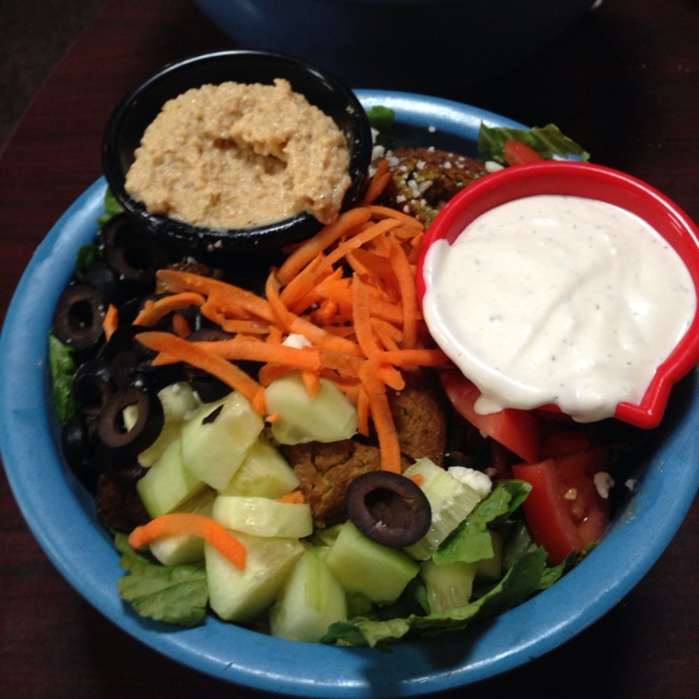Rutabegorz - Falafel salad with hummus, I actually liked the falafel!  Not too shabby - Bars Near Me - Fullerton, California