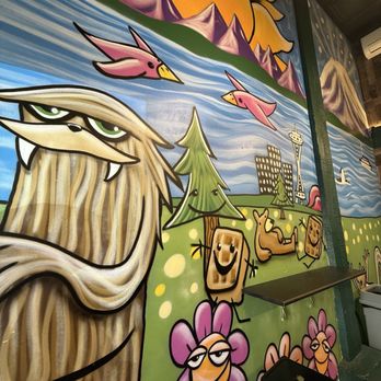 Mr. Waffle - Mural on the wall behind the bar seating - Waffles Near Me - Seattle, Washington