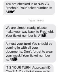 State of New Jersey Motor Vehicle Commission - This is how the texts come in. Leave and enjoy your life until they call you back. You have at least 30 min to get back to lot.