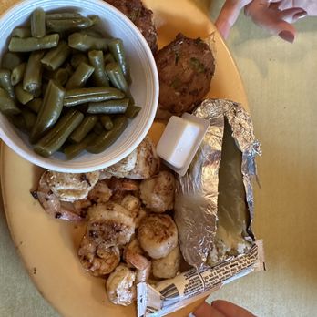 Down South Seafood - Grilled shrimp and scalllops, deviled crab, baked potato and green beans - Seafood Near Me - Sparta, Georgia