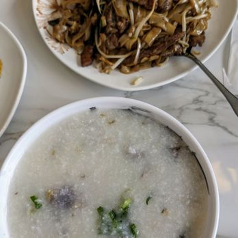D Cuisine - Congee with pork and preserved egg; beef chow fun (dim sum menu) - Dim Sum Near Me - Westmont, Illinois