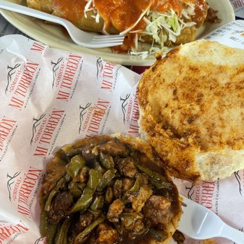 Gorditas Mi Torreon - Flauta de Deshebrada Gordita nopales/pork with red salsa - Breakfast & Brunch Near Me - San Antonio, Texas Gorditas Mi Torreon - Flauta de Deshebrada Gordita nopales/pork with red salsa - Breakfast & Brunch Near Me - San Antonio, Texas