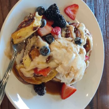 Another Broken Egg Cafe - Cinnamon Roll French Toast w/ eggs and sausage patties - Breakfast & Brunch Near Me - West Chester Township, Ohio Another Broken Egg Cafe - Cinnamon Roll French Toast w/ eggs and sausage patties - Breakfast & Brunch Near Me - West Chester Township, Ohio