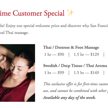Suchada Thai Massage - First-time clients: enjoy your first authentic Thai massage at a special rate! Mention "First-Time Special" when booking - Day Spas Near Me - San Francisco, California Suchada Thai Massage - First-time clients: enjoy your first authentic Thai massage at a special rate! Mention "First-Time Special" when booking - Day Spas Near Me - San Francisco, California