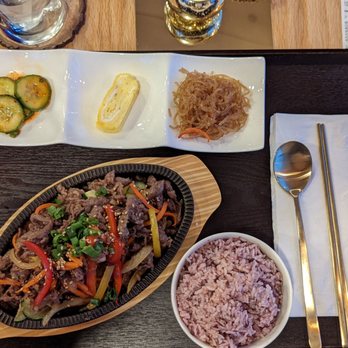 Seoul Sizzle - The Beef Bulgogi, served with rice and three assorted sides. The chopsticks provided were sturdy metal. - Korean Near Me - Middletown, New York