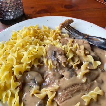 Nurnberger Bierhaus - Pork schnitzel with brown Gravy and buttered noodles! Yummy - German Near Me - Lake Ariel, Pennsylvania