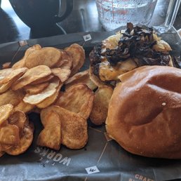 Magic mushroom burger with die cut spicy chips Magic mushroom burger with die cut spicy chips