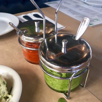 Oren's Hummus - Sauces on the table - spicy! - Mediterranean Near Me - Cupertino, California