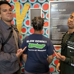 SIFF Cinema Uptown - Holden (Kainoa) & Achilles (Johnathan/Kaikena) w/ a fan showing her support for the movie MOLOKA'I BOUND.