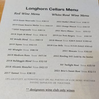 Longhorn Cellars - Menu - Wine Tasting Room Near Me - Fredericksburg, Texas
