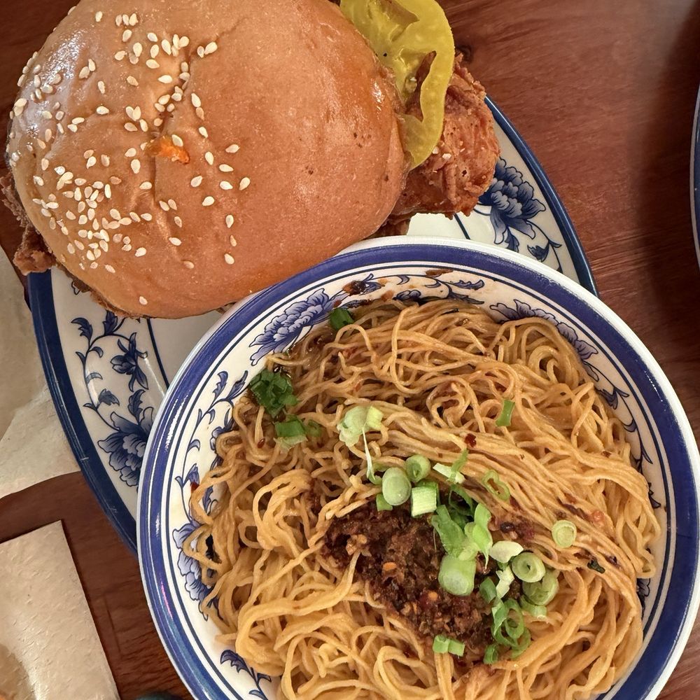 King BBQ - Chicken sandwich and side of Dan Dan noodles - Barbeque Near Me - North Charleston, South Carolina