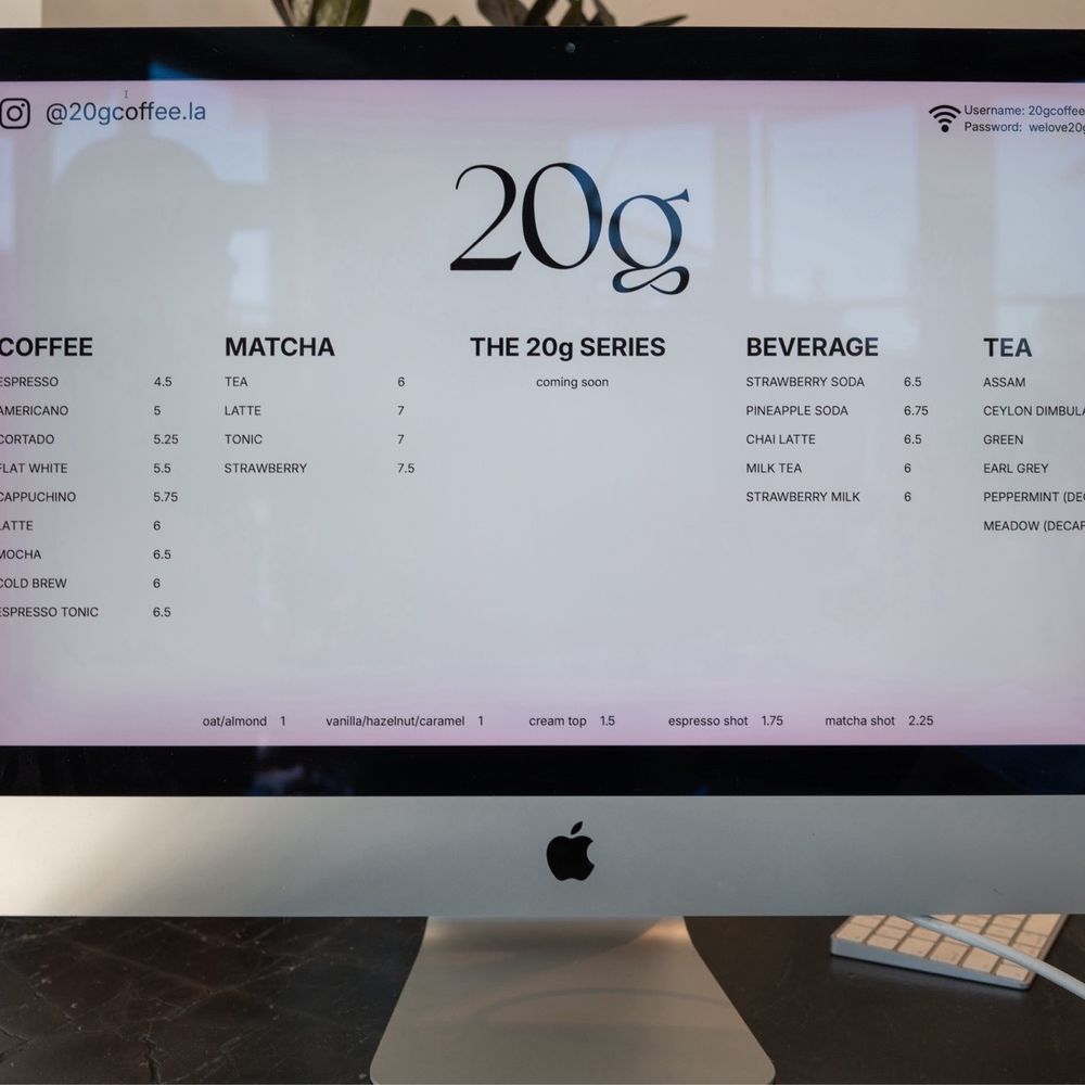 20g - Menu - Coffee & Tea Near Me - Los Angeles, California
