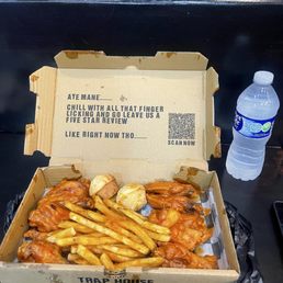 Honey hot wings, fries and cheese biscuits drizzled with honey. Honey hot wings, fries and cheese biscuits drizzled with honey.