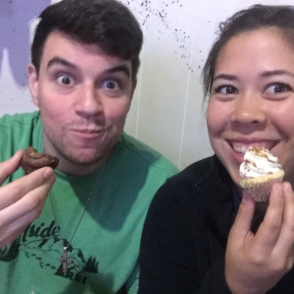 Dollface Bites - Enjoying a late night snack. Stay-cation (caramel coconut) and Lump o' coal (chocolate, espresso) - Cupcakes Near Me