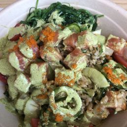 Salmon poke. Forgot which one it was but it's the one with pineapples! Salmon poke. Forgot which one it was but it's the one with pineapples!