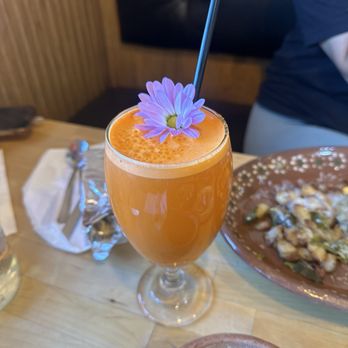 Los Chilaquiles Mexican Breakfast - Carrot juice (freshly made and delicious!) - Mexican Near Me - Reno, Nevada