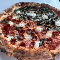 1/2 Pepperoni (on top !)pizza  Wet,not crisp mushroom, spinach